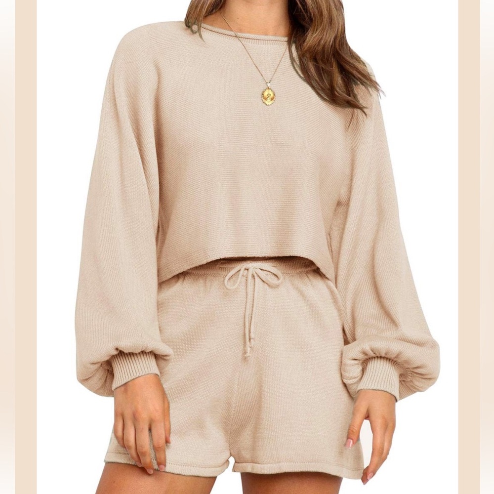 Zesica long Sleeve Knit Pullover Sweater Shorts Set